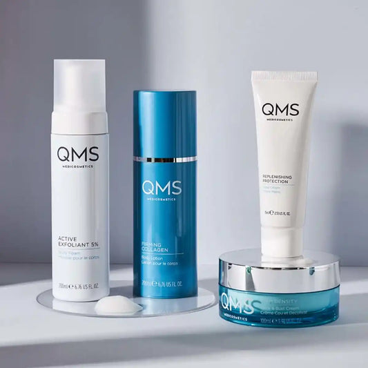 Produktfoto_QMS_Medicosmetics_Active_Exfoliant_5_Body_Foam_Firming_Collagen_Body_Lotion_Replenishing_Protection_Hand_Cream