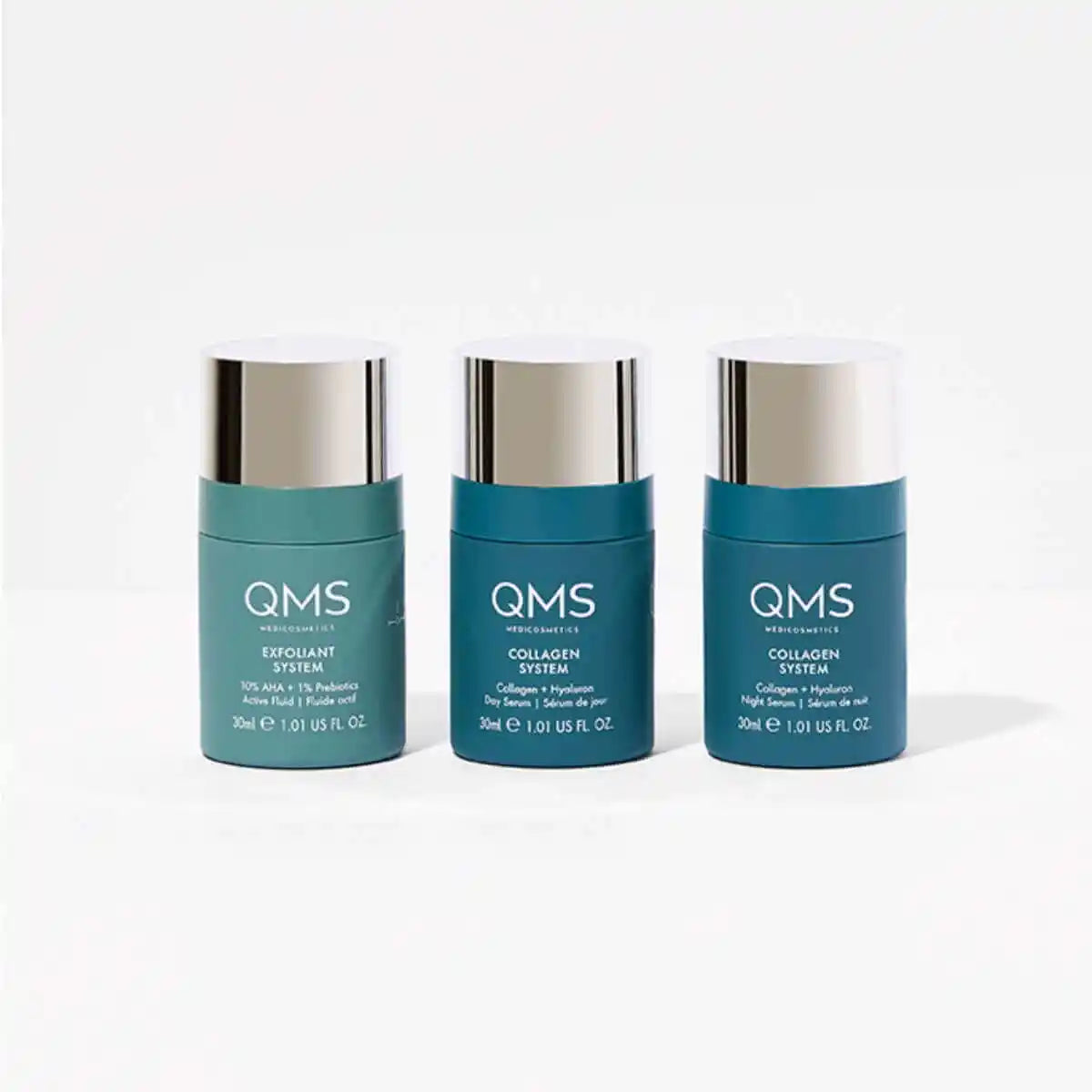 Produktfoto_QMS_Medicosmetics_Active_Exfoliant_Resurfacing_Liquid_Exfoliant_System_Collagen_Day_Serum_Collagen_Hyaluron_Collagen_System