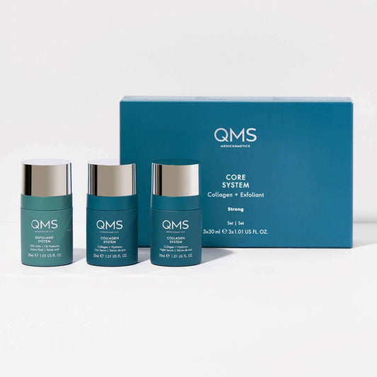 Produktfoto_QMS_Medicosmetics_Active_Exfoliant_Resurfacing_Liquid_Exfoliant_System_Collagen_Day_Serum_Collagen_Hyaluron_Collagen_System_mit_Verpackung