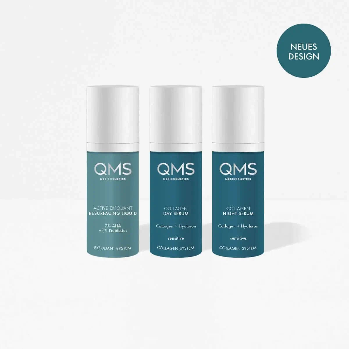 Produktfoto_QMS_Medicosmetics_Active_Exfoliant_Resurfacing_Liquid_Exfoliant_System_Collagen_Day_Serum_Collagen_Hyaluron_Collagen_System_neues_Design
