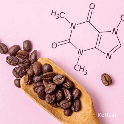 Abschwellende Augencreme mit Koffein und Kaffeebohnen auf rosa Hintergrund.