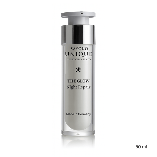 THE GLOW Night Repair – Regenerierende Nachtcreme in einer eleganten Flasche, 50 ml, hergestellt in Deutschland.